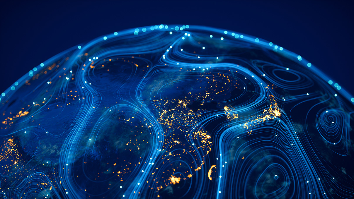 The flow of data across a connected world. (World Map Courtesy of NASA: https://visibleearth.nasa.gov/view.php?id=55167)