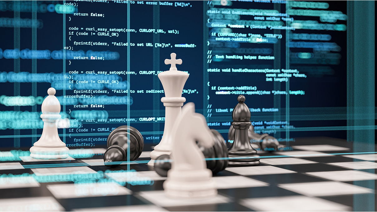 AI Artificial Intelligence or Machine Learning Concept with Digital Computer Code with Chess Pieces. 3D Render